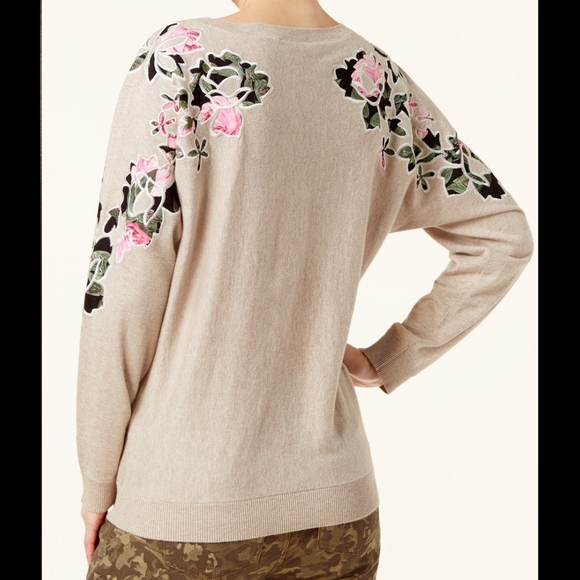 INC International Concepts Sweaters - INC International Concepts Beige Sweater with Pink Floral Accents